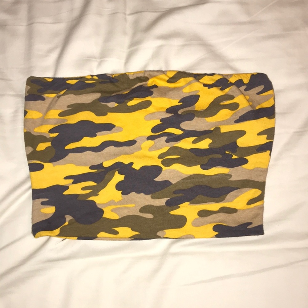 Yellow and blue and green camo strapless top
